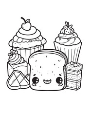 Illustration Coloring draw kawai food happy bread and cake sweet black and white version good for kids