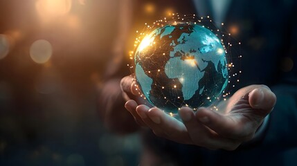 Fototapeta premium Businessman Holding Glowing Holographic Globe Symbolizing Global Business Connectivity and Tech