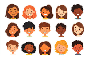Bundle of smiling faces of boys and girls with different hairstyles, skin colors and ethnicities. Colorful flat vector illustration isolated on white background