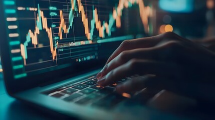 Hands Typing on Laptop with Floating Digital Market Analytics