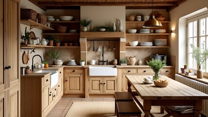 A rustic farmhouse kitchen featuring charming wooden cabinetry and vintage accents. The warm tones and inviting decor create a cozy atmosphere perfect for cooking and gatherings.