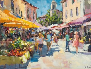 Obraz premium A market square filled with lively conversation, people interacting in fleeting moments, impressionist brushstrokes capturing the movement