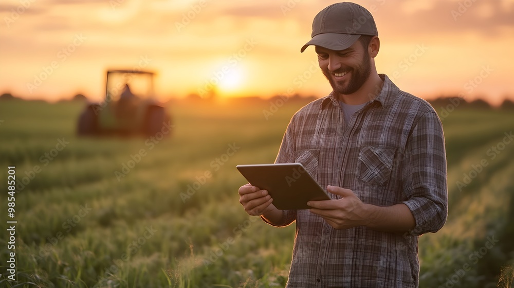 Aufkleber farmer using digital tablet while working on tractor in field at sunset