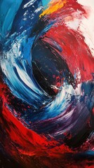 A bold, abstract retro painting with vibrant, swirling brushstrokes in deep reds and blues, capturing intense human emotion, evocative of 1960s Expressionism