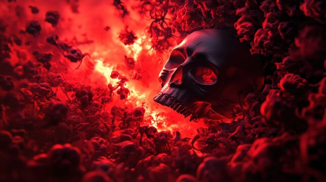 A dark skull emerges from a sea of glowing red smoke, creating a haunting and dramatic scene perfect for horror themes.