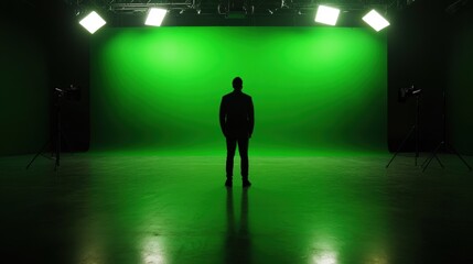 Fototapeta premium A silhouette of a person stands in a green screen studio, ready for filming or photography, surrounded by bright lights.
