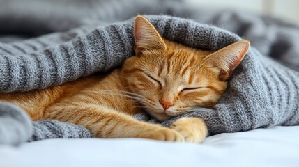 Adorable Orange Tabby Cat Sleeping Under a Blanket