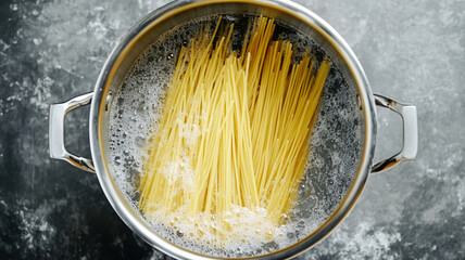 spaghetti boiling in pot , top view