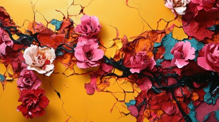 Vibrant floral composition featuring pink and red paper flowers against a bright yellow background, ideal for creative projects.