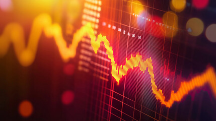 Close-up of downward-trending line graph on digital screen, symbolizing drop in earnings, financial decline visualized with charts and numbers.	