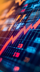 Close-up of downward-trending line graph on digital screen, symbolizing drop in earnings, financial decline visualized with charts and numbers.	