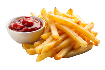 Golden french fries with ketchup in white bowl