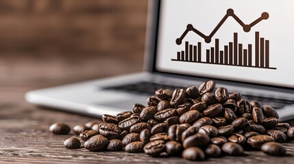 A laptop displaying a graph sits beside a pile of coffee beans on a wooden surface, symbolizing the connection between coffee and business analytics.