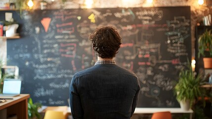 Entrepreneur Brainstorms on Creative Chalkboard Wall in Startup Office Space