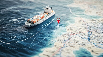 Nautical chart with a GPS tracker pinpointing a container's real-time position amidst navigational data, illustrating precise maritime tracking.