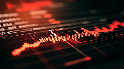 Close-up of downward-trending line graph on digital screen, symbolizing drop in earnings, financial decline visualized with charts and numbers.	