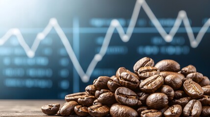 A close-up of coffee beans on a wooden surface, with a blurred financial chart in the background, symbolizing the coffee market and its trends.