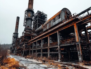 Fototapeta premium An abandoned manufacturing plant in a remote area, rusting equipment symbolizing economic failure and job loss
