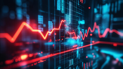 Close-up of downward-trending line graph on digital screen, symbolizing drop in earnings, financial decline visualized with charts and numbers.	