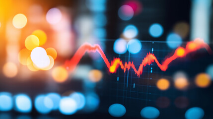 Close-up of downward-trending line graph on digital screen, symbolizing drop in earnings, financial decline visualized with charts and numbers.	