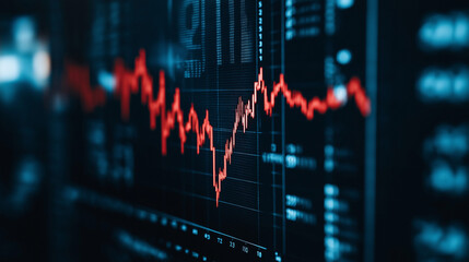 Close-up of downward-trending line graph on digital screen, symbolizing drop in earnings, financial decline visualized with charts and numbers.	