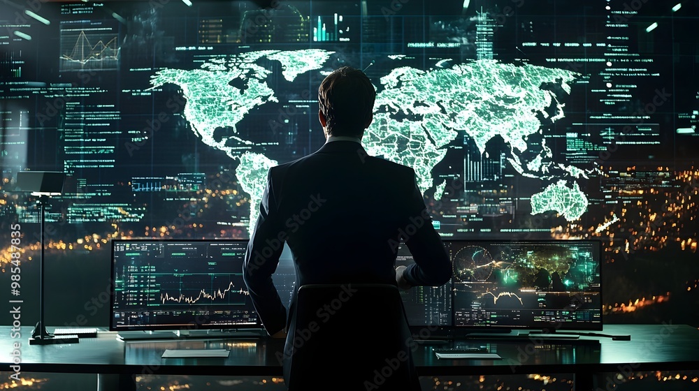 Poster ceo overseeing global business strategies from a digital command center with world data projections