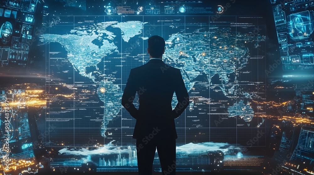Poster ceo overseeing global business strategies from a digital command center with world data projections