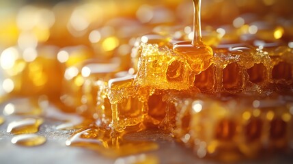 Golden honey dripping from honeycomb, showcasing its natural sweetness.