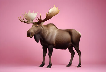 Obraz premium A majestic moose standing against a soft pink background. The moose has large, impressive antlers