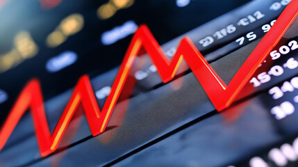 Close-up of downward-trending line graph on digital screen, symbolizing drop in earnings, financial decline visualized with charts and numbers.	