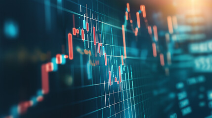 Close-up of downward-trending line graph on digital screen, symbolizing drop in earnings, financial decline visualized with charts and numbers.	