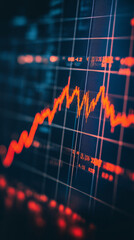Close-up of downward-trending line graph on digital screen, symbolizing drop in earnings, financial decline visualized with charts and numbers.	