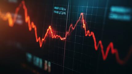 Close-up of downward-trending line graph on digital screen, symbolizing drop in earnings, financial decline visualized with charts and numbers.	
