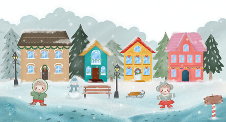 Fototapeta premium children playing in the snow, Christmas illustration of gingerbread cookies boy and girl with colorful houses in transparent background – suitable for holiday cards, festive decor