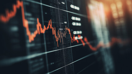 Close-up of downward-trending line graph on digital screen, symbolizing drop in earnings, financial decline visualized with charts and numbers.	
