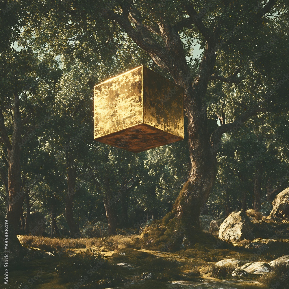 Poster a golden cube hangs suspended between the branches of a tree in a forest.