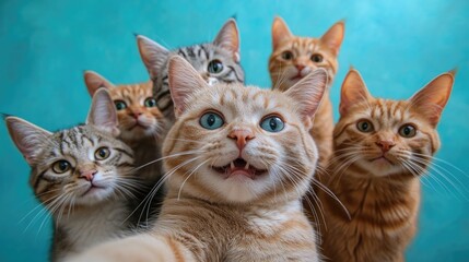 Group of kittens posing on blue background