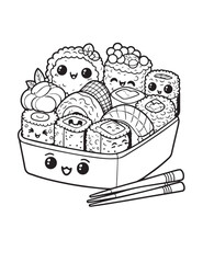 Illustration Coloring draw kawai food japan sushi in box black and white version good for kids