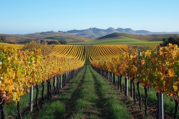 Naklejka premium Golden rows of grapevines stretching into the distance in autumn vineyard
