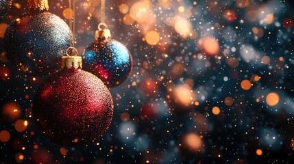 Christmas ornaments hanging with sparkling lights background