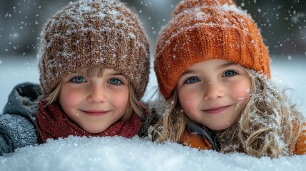 Two young children wearing winter clothes smiling under snowfall