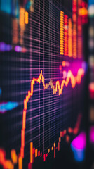 Close-up of downward-trending line graph on digital screen, symbolizing drop in earnings, financial decline visualized with charts and numbers.	