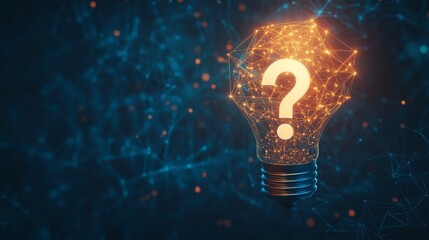 Problem-solving concept: glowing polygonal lightbulb and question mark on dark blue background. 
