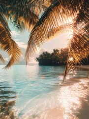 Vintage 60sinspired tropical oasis, golden sunlight streaming through palm fronds, sparkling lagoon, exotic flora, warm sandy tones, boho aesthetic