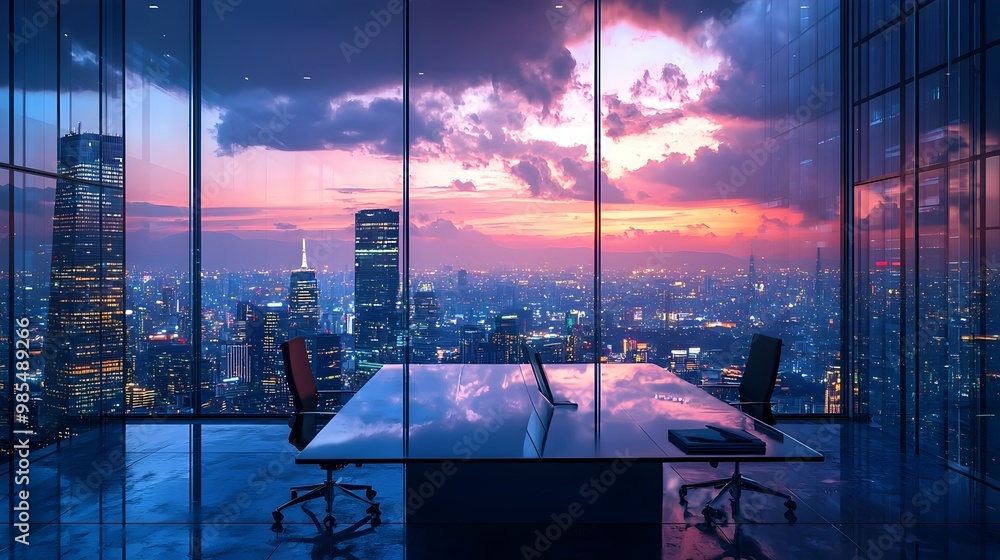 Poster abstract skyline merging with office desk representing business growth and city dynamics