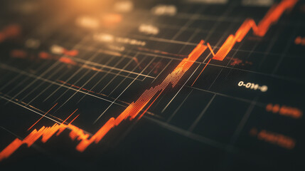 Close-up of downward-trending line graph on digital screen, symbolizing drop in earnings, financial decline visualized with charts and numbers.	