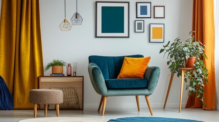 Fototapeta premium Scandinavian Interior Design of a Modern Living Room Featuring a Stylish Poster Mockup