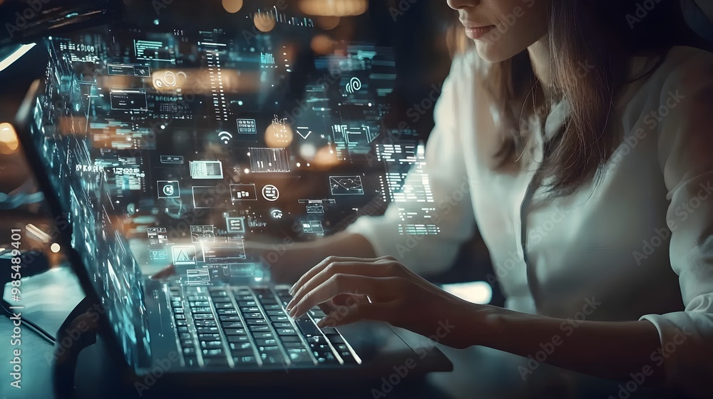 Poster businesswoman typing on futuristic transparent keyboard with floating data icons
