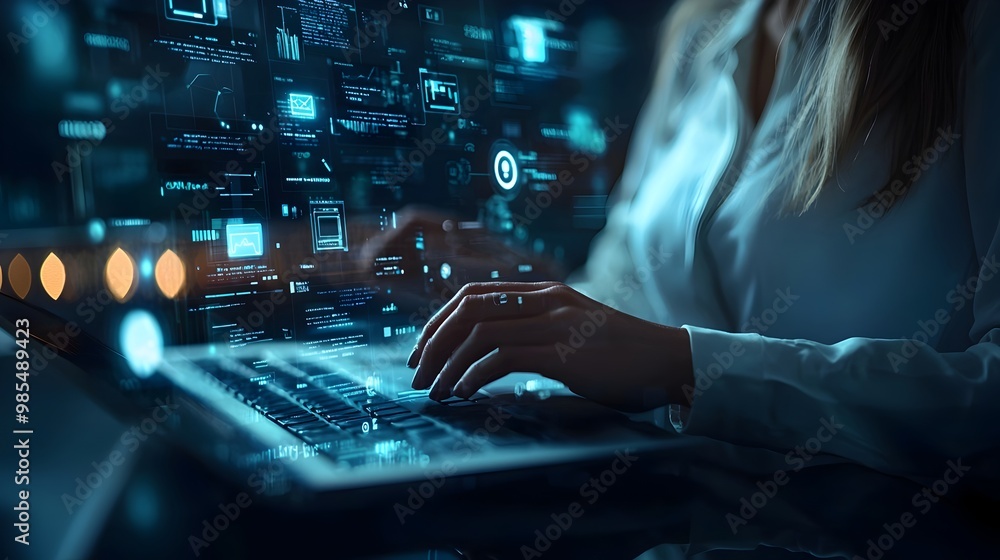 Poster businesswoman using futuristic transparent keyboard with floating data icons for digital