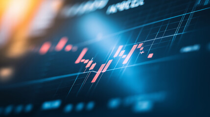 Close-up of downward-trending line graph on digital screen, symbolizing drop in earnings, financial decline visualized with charts and numbers.	